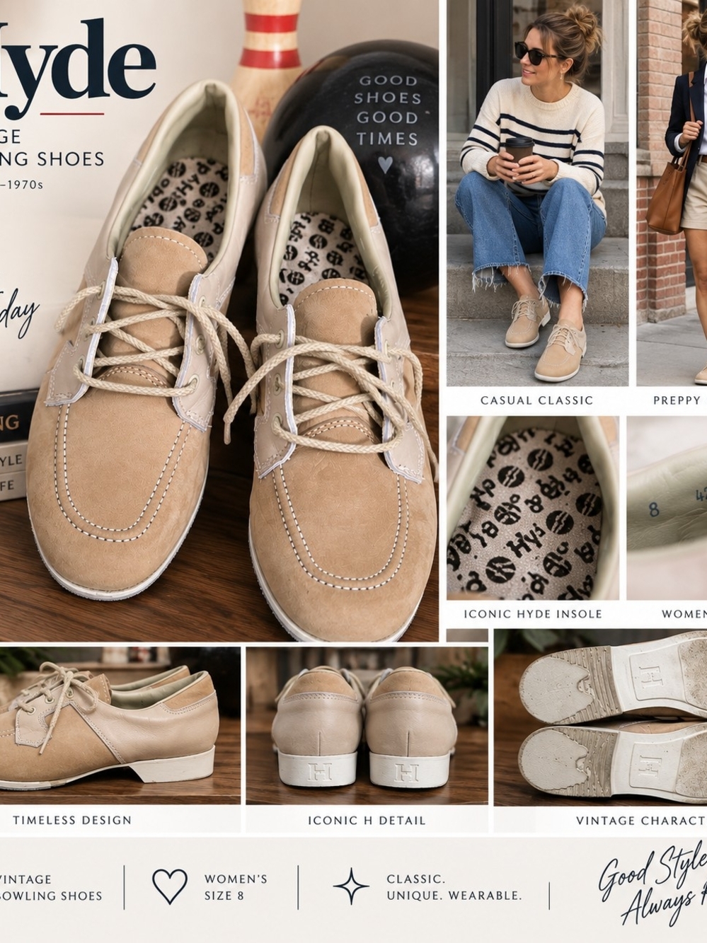 Vintage Hyde Women’s Bowling Shoes Size 8 Tan Suede Leather Retro Oxford